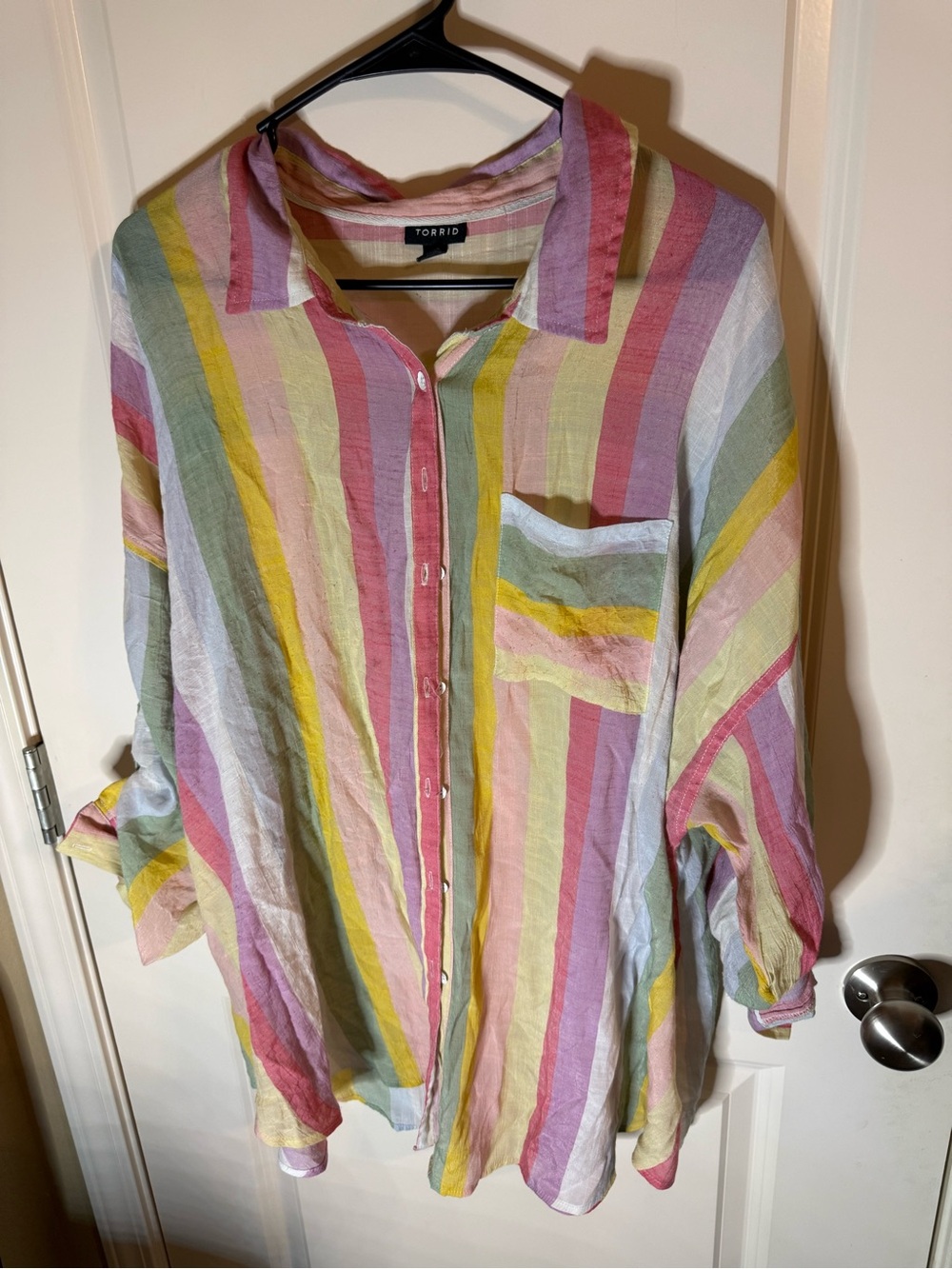 Torrid Size 2 Pastel Rainbow Stripe Button Front Roll Tab Blouse Top